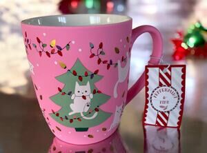 NEW Peppermint & Pine White Cats Christmas Tree 18oz Satin Pink Coffee Tea Mug